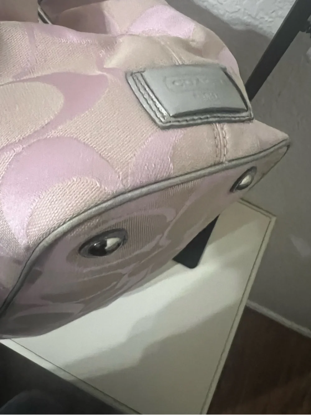 Coach Pink Signature Stripe Shoulder Handbag with Silver Trim - Picture 5 of 10